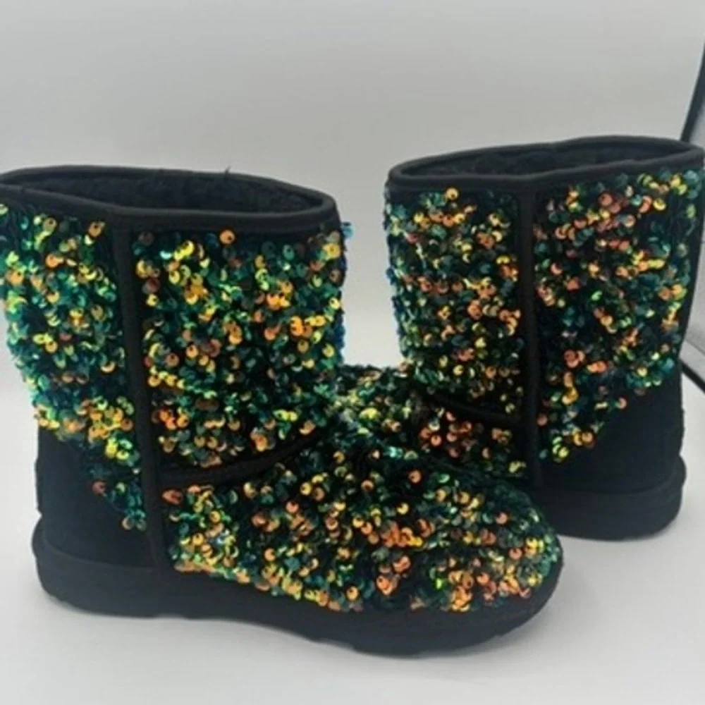 UGG Classic Short Sequin Boots Kids Sz 13 Black Green Iridescent Sparkle Glitter